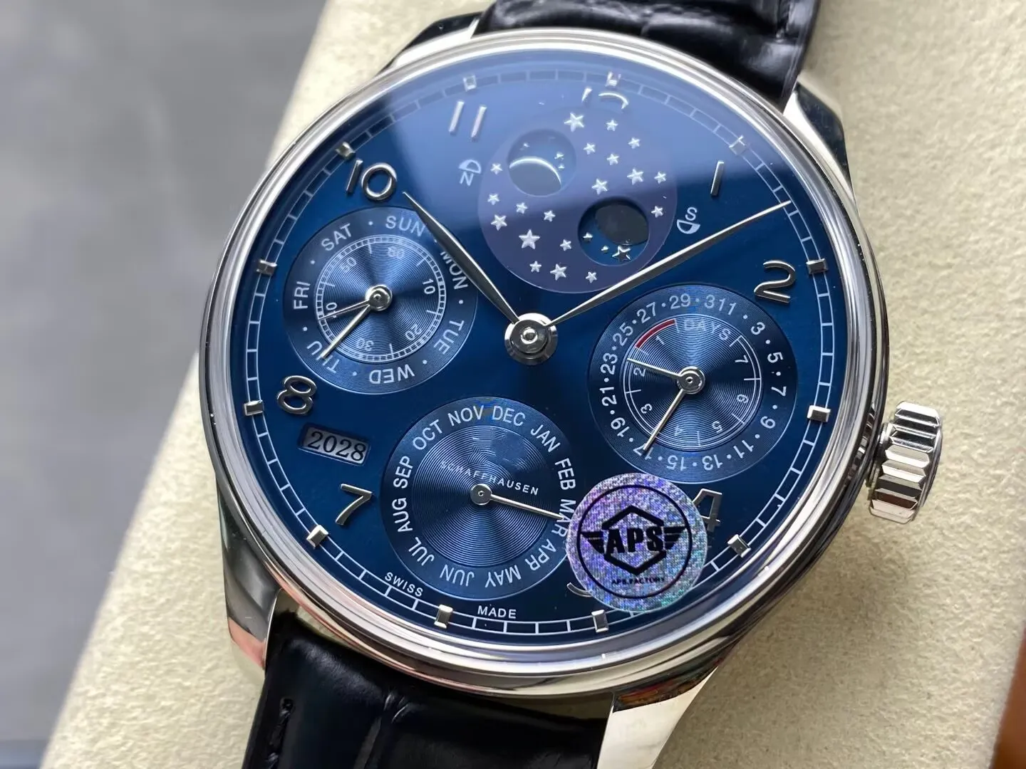 Perpetual Calendar Wrist Watch Silver Finish Automatic Timepiece