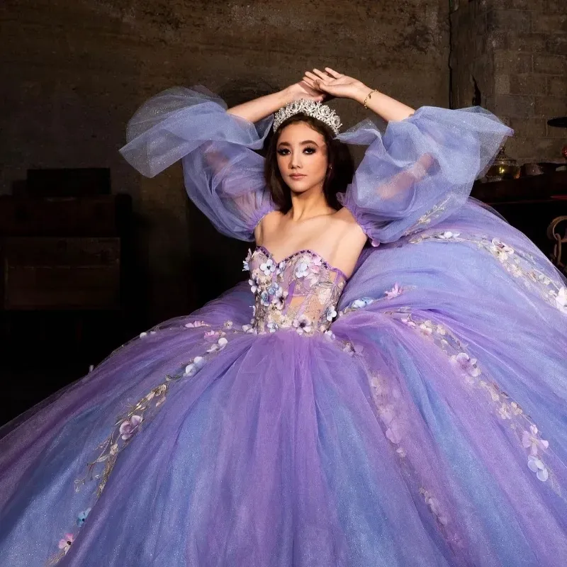 lavender blue dress Lavender 3D Floral Lace A-Line Prom Dress with Cape Sleeves