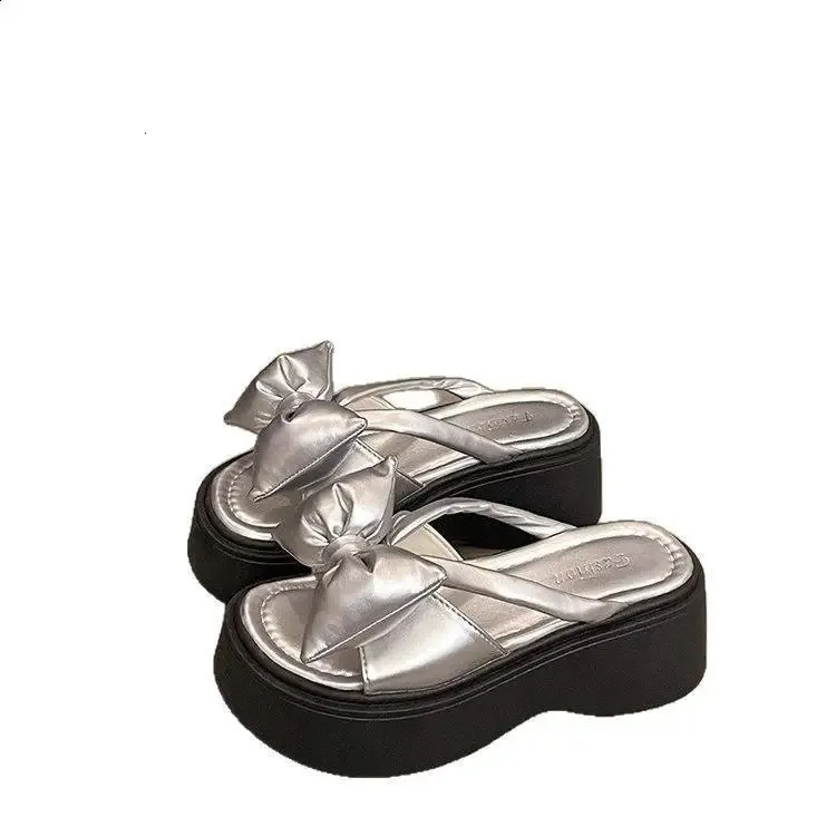 Shoes Ladies Slippers Platform Slides Slipers Women Low Butterfly Knot Rubber PU Fashion Fabric Hoof Heels 250303_voghion.com