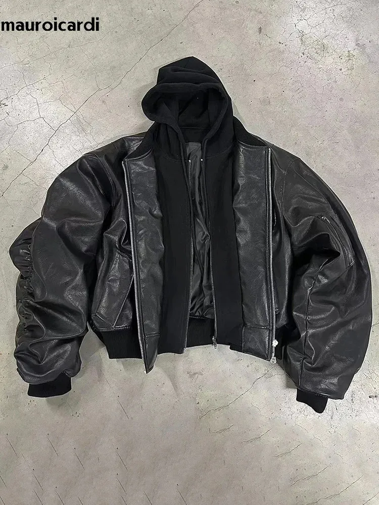 Men's Oversized Black Pu Leather Bomber Jacket - Thick Warm Hood, 2024 Autumn/Winter