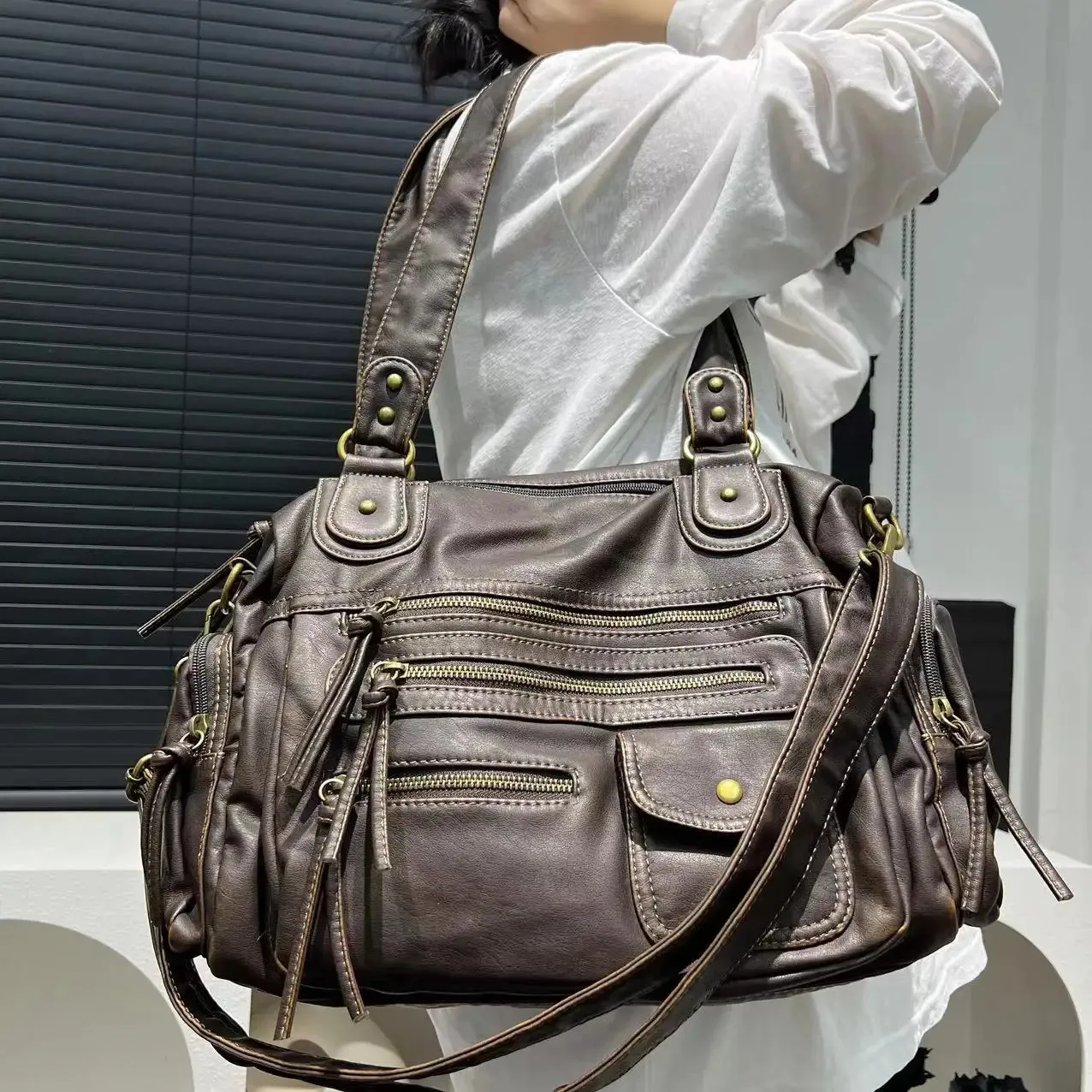 Vintage Washed Leather Crossbody Bag, Y2K Motorcycle Purse