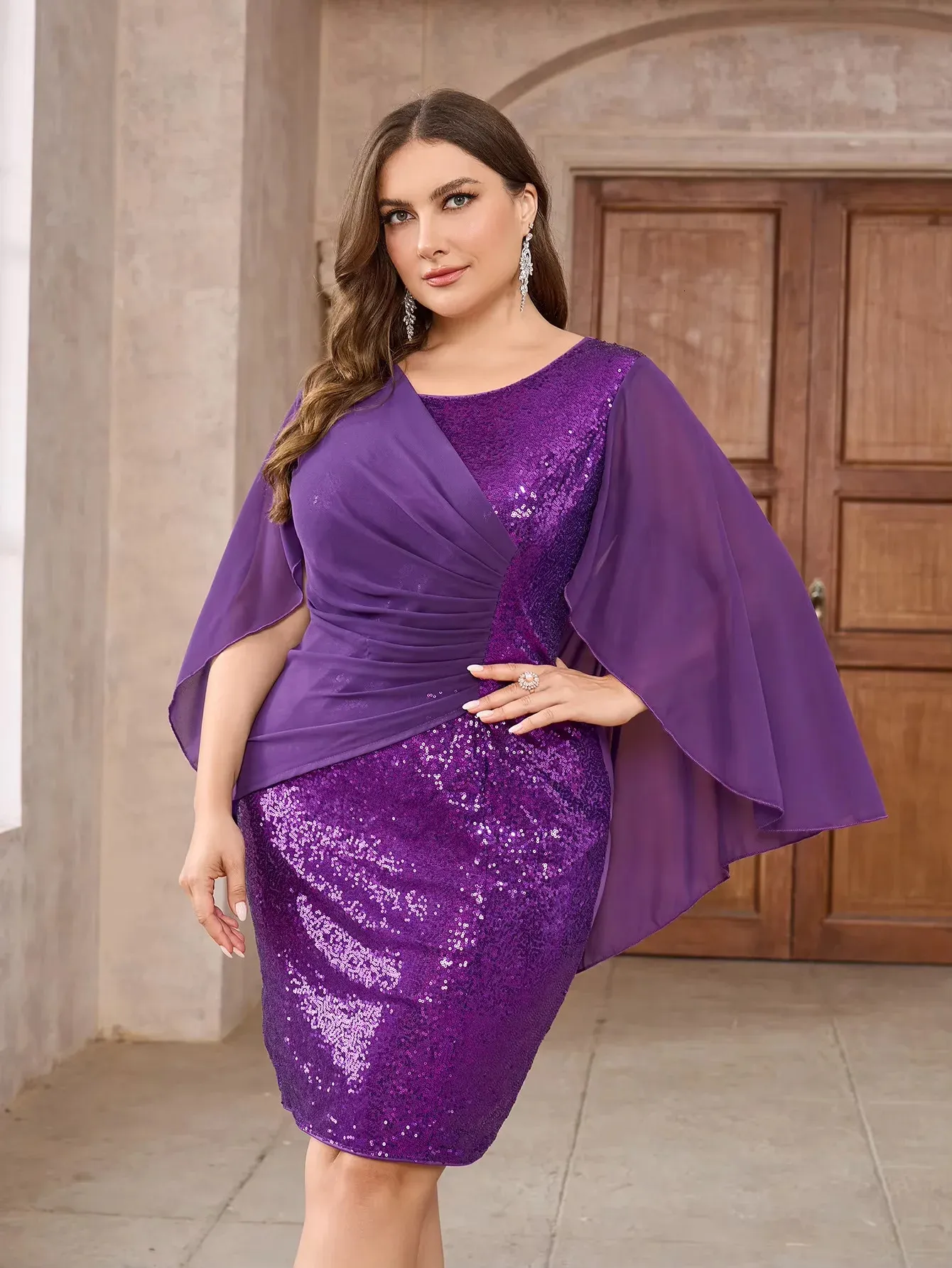 Plus size chiffon sequin party dress with pleated slim fit cape sleeves  floor-length pencil purple from Dhgate Basic & Casual Dresses - price 51.26