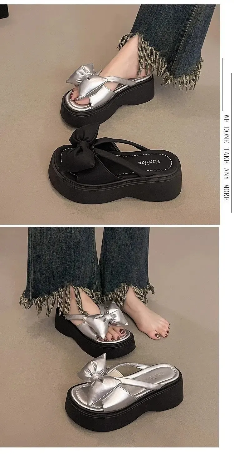 Ladies Platform Sandals With Butterfly Knot Beach Slides_voghion.com