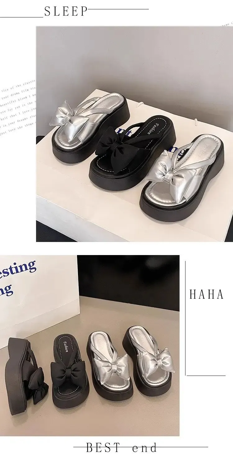 Ladies Platform Sandals With Butterfly Knot Beach Slides_voghion.com