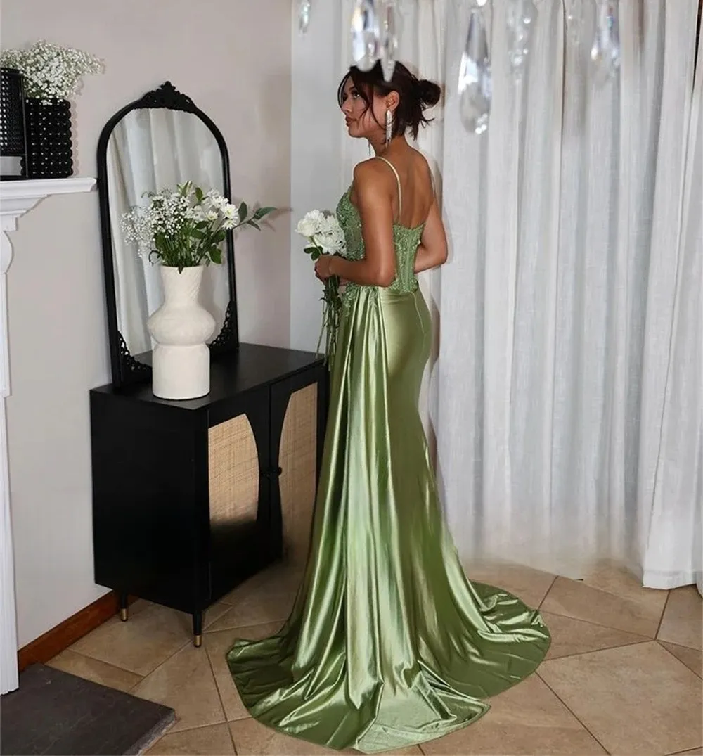Olive Green Satin Sage Prom Dress With Spaghetti... From Dreamweddings,  $108.55 | DHgate.Com