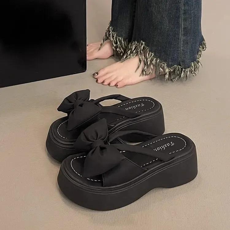 Shoes Ladies Slippers Platform Slides Slipers Women Low Butterfly Knot Rubber PU Fashion Fabric Hoof Heels 250303_voghion.com