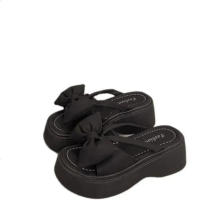 Shoes Ladies Slippers Platform Slides Slipers Women Low Butterfly Knot Rubber PU Fashion Fabric Hoof Heels 250303_voghion.com