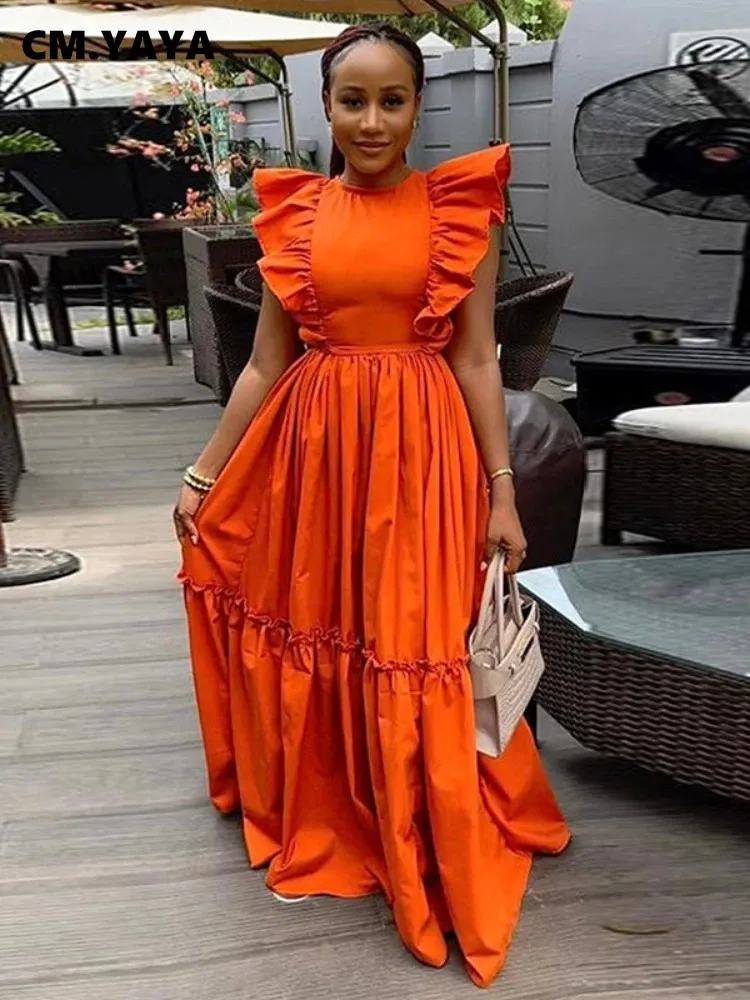 CM.YAYA Sweet and Cute Summer Ruffle Maxi Dress with Ruffles, Short Sleeves, O-Neck, and Floor-Length Hemline for Women - Perfect for Beach and