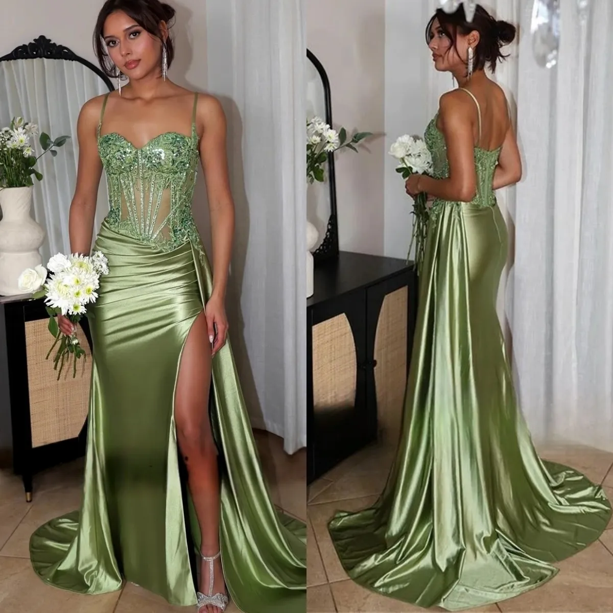 Cross Pleated Bodice Spaghetti Straps Satin Dresses Olive Green Plus Size