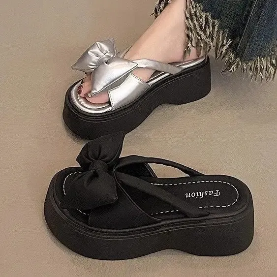 Ladies Platform Sandals With Butterfly Knot Beach Slides_voghion.com
