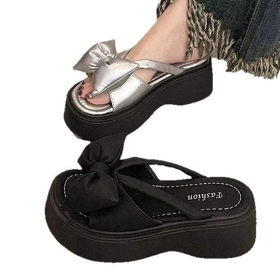 Shoes Ladies Slippers Platform Slides Slipers Women Low Butterfly Knot Rubber PU Fashion Fabric Hoof Heels 250303_voghion.com