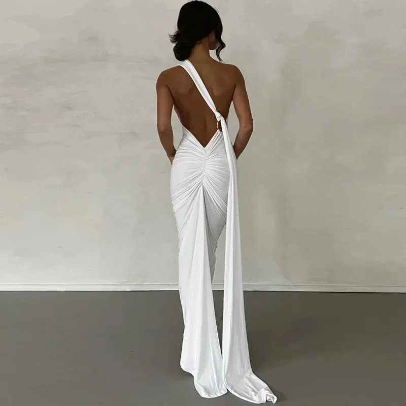 Y2K Streetwear Festival Outfit: One Shoulder Backless Maxi Dress with Adjustable Scarf and Ruched Loop for Women - Elegant and Sexy Black Dress outfit