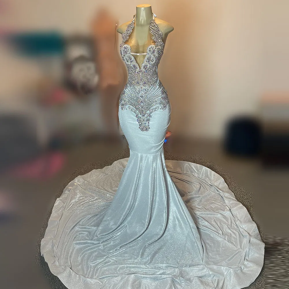 Customizable Sheer Neck Rhinestone sparkly mermaid prom dress - Shinny Silver, Handmade for Black Girls' Party, Gala, and Evening Gowns in 2025