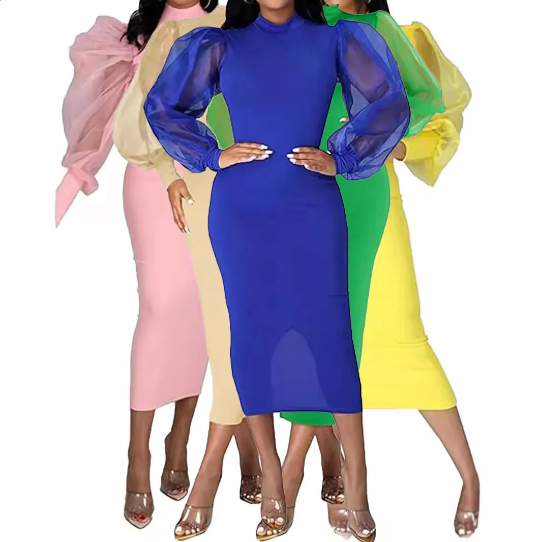 Witte Jurk O Nek Transparant Mesh Ruches Met Lange Mouwen Elegante