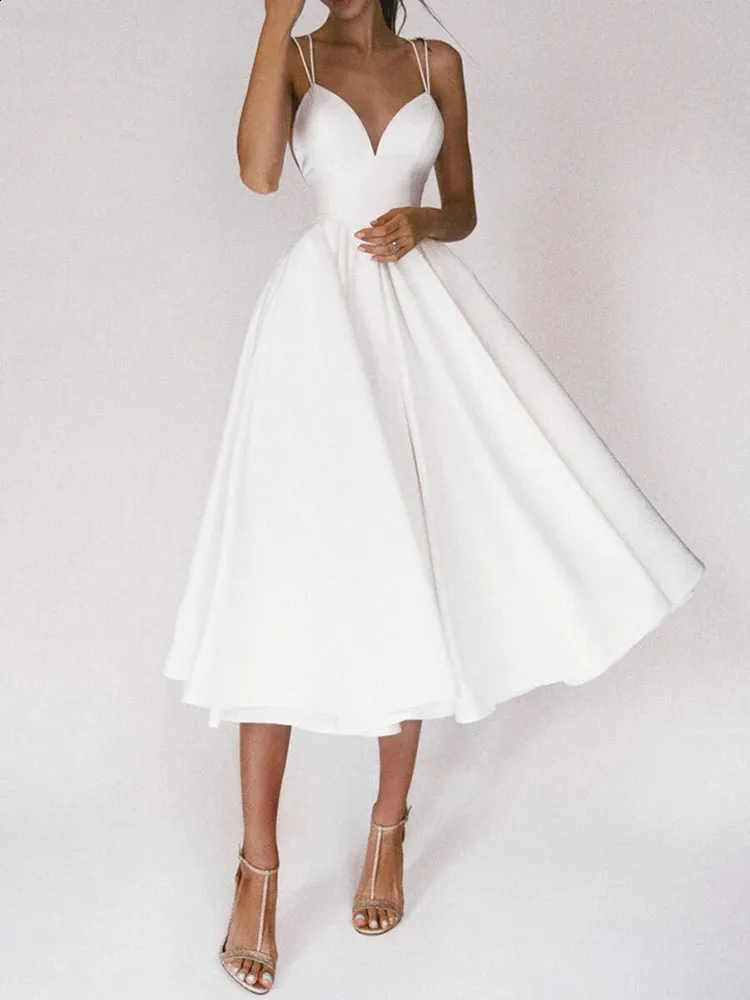 Knee Length Mid Length Prom Dresses Uk Wedding Guest V Neck Bridesmaid  Dresses Tea Length Summer Spaghetti Strap Midi Party Dresses Women Solid
