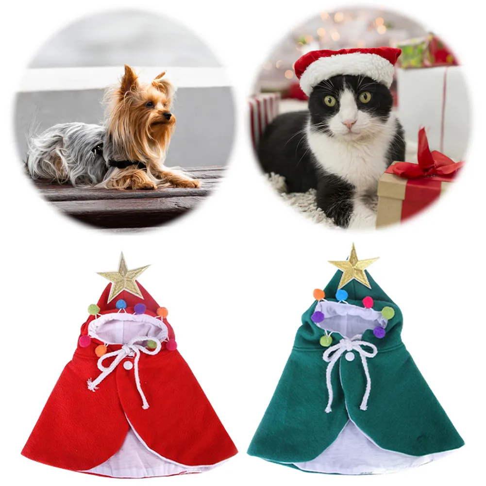 Christmas Cat Cloak Costume Pet Cloak With Star And Pompoms