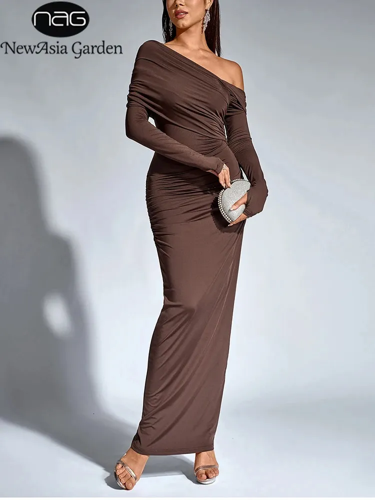 brown one shoulder long sleeve dress One-Shoulder Long Sleeve Maxi Dress - Evening Long Dress