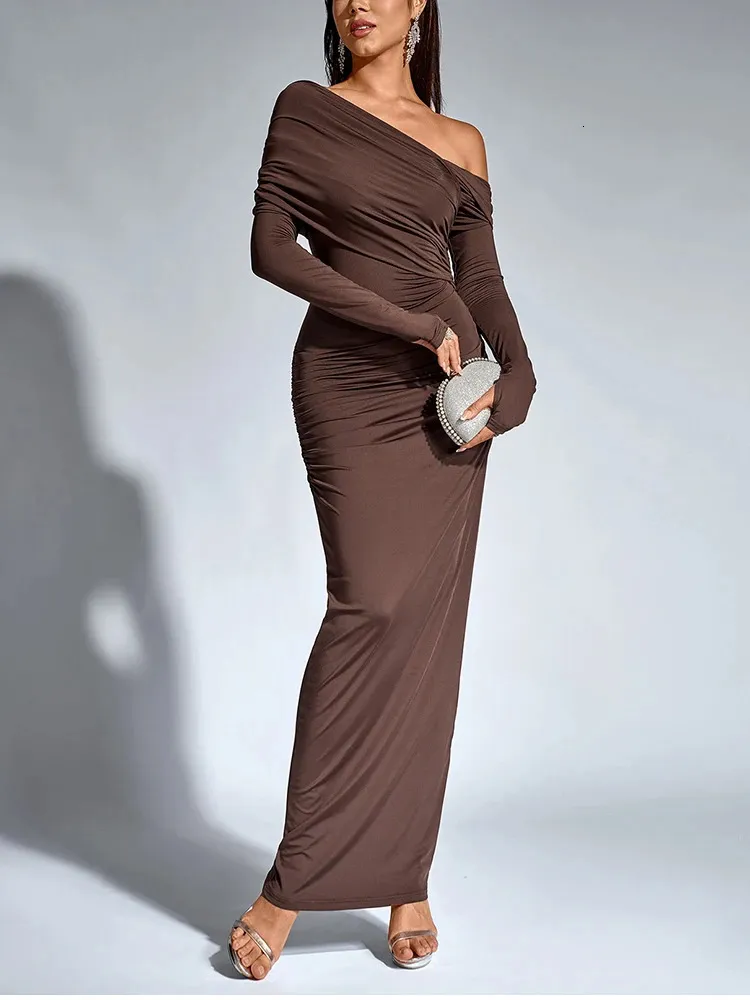 brown delicate garden long sleeve maxi dress Satin Panel Mock Neck Long Sleeve Maxi Dress