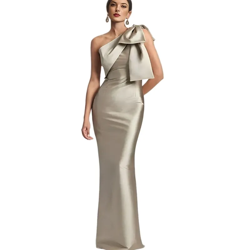 Champagne One Shoulder Mother of the Bride reception dress for women - Elegant Floor Length Wedding Guest Gown for Groom and Mom - Formal Party Wear Champagne One Shoulder Mother of the Bride reception dress for women - Elegant Floor Length Wedding Guest Gown for Groom and Mom - Formal Party Wear