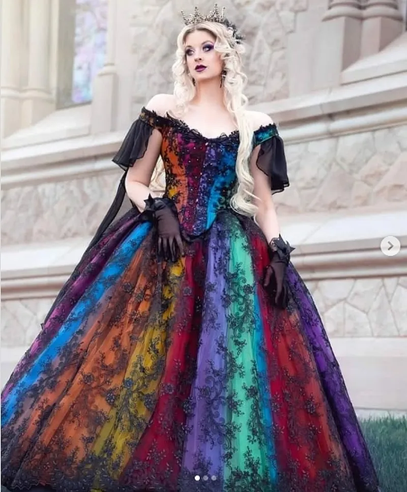 Vintage Gothic Off-Shoulder Gothic wedding dresses with Rainbow Princess Design - Black Lace Bridal Gown for Victorian Masquerade - 2025 Collection Vintage Gothic Off-Shoulder Gothic wedding dresses with Rainbow Princess Design - Black Lace Bridal Gown for Victorian Masquerade - 2025 Collection
