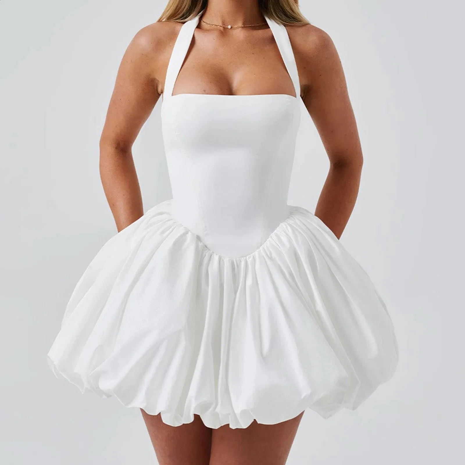 Kawaii Halter Neck Black mini dress party with Bubble Detailing - Women's Fashion A-Line Cocktails and Clubwear