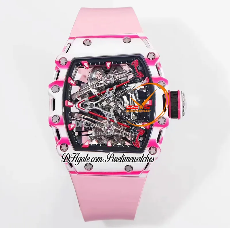 Bubba Watson Tourbillon Watch White TPT Quartz Carbon Skeleton, Red  Markers, Pink Rubber Strap