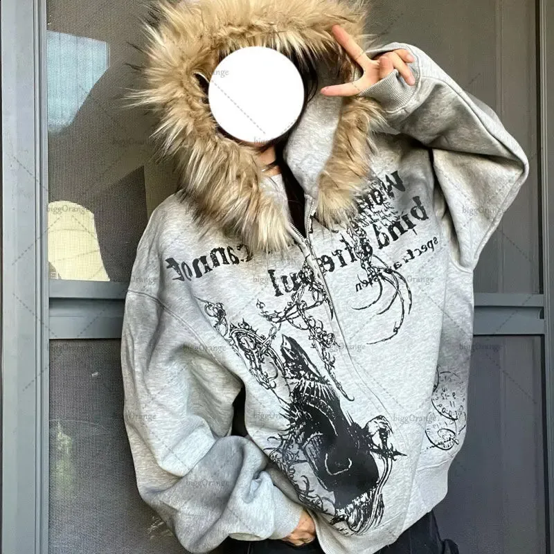 Y2K Style Knitted Hoodie Jacket with Fur Collar, Asymmetric Length