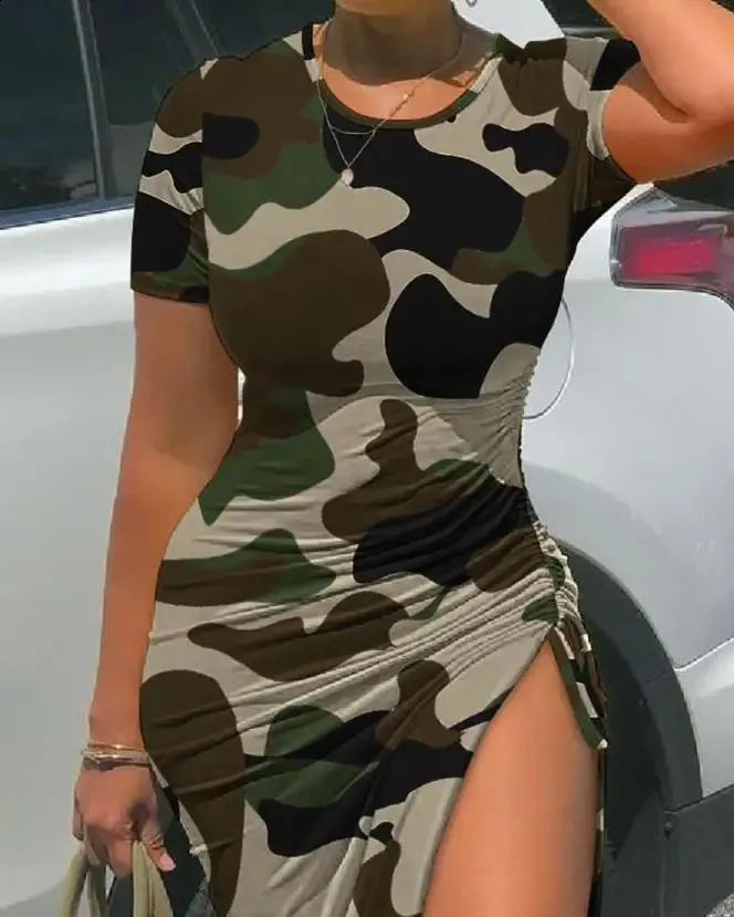 Camouflage Print Drawstring High Slit Slit dress for Women for Women - Latest Summer Casual Midi Skirt with Ruched Skinny Design (250305) Camouflage Print Drawstring High Slit Slit dress for Women for Women - Latest Summer Casual Midi Skirt with Ruched Skinny Design (250305)