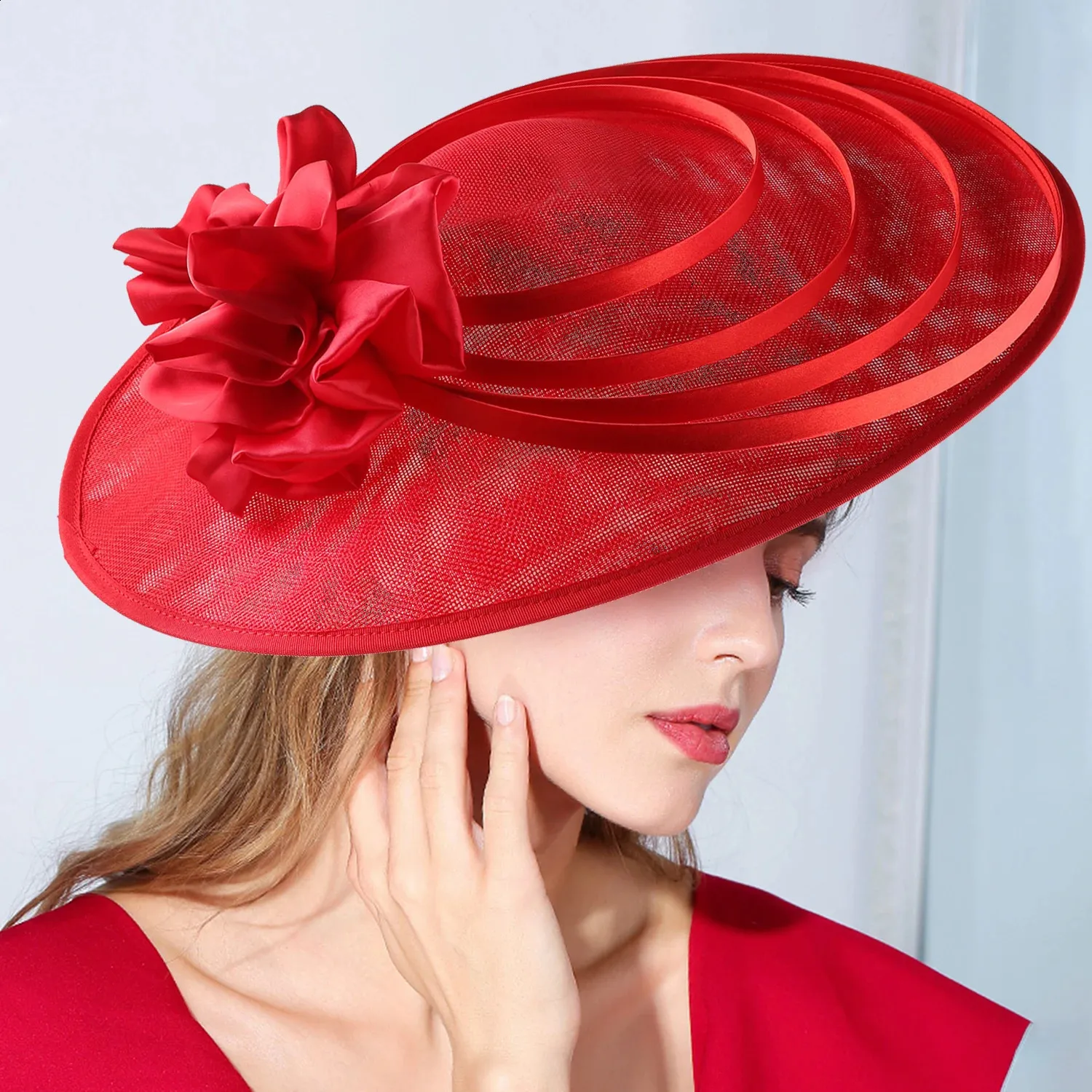 Elegant Red Women\'s Wide-Brim Sinamay Fascinator Hat Red Large Flower Sinamay Fascinator Hat White... From Ping05  main image 2