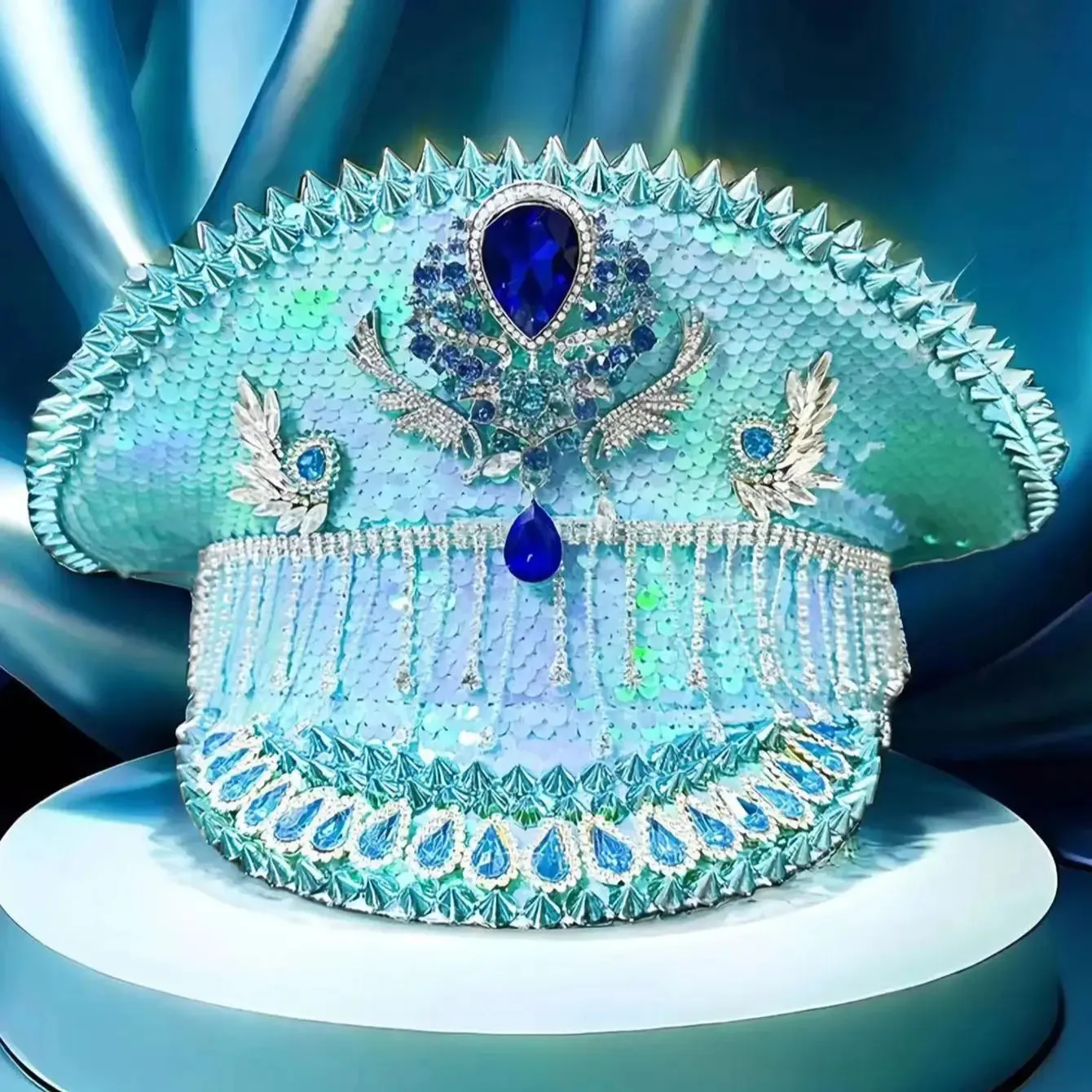 Sequined Bridal Navy Blue Sequin Captain Hat with Sky Blue 