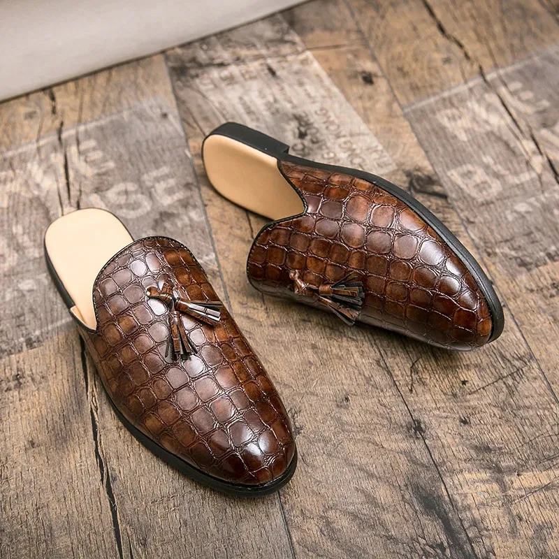 Summer Men Loafers Fashion Tassel Breathable Slippers Outdoor Lightweight Mules Cool Half Shoes For Man Leather Sandals_voghion.com
