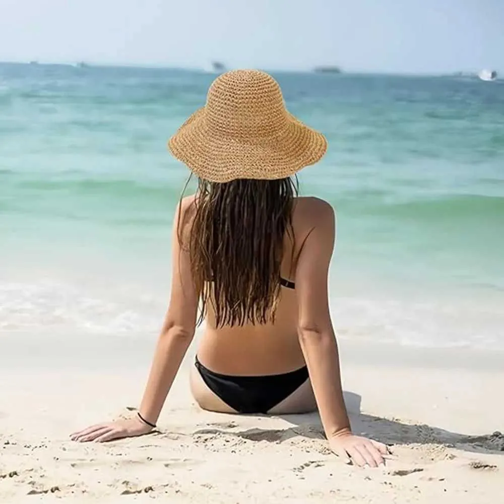 Women Floppy Big Beach Straw Foldable Summer Wide Brim Packable Sun Hat Khaki-5 ericotry Womens Folable Floppy Hat Wide Floppy Brim Summer  main image 2