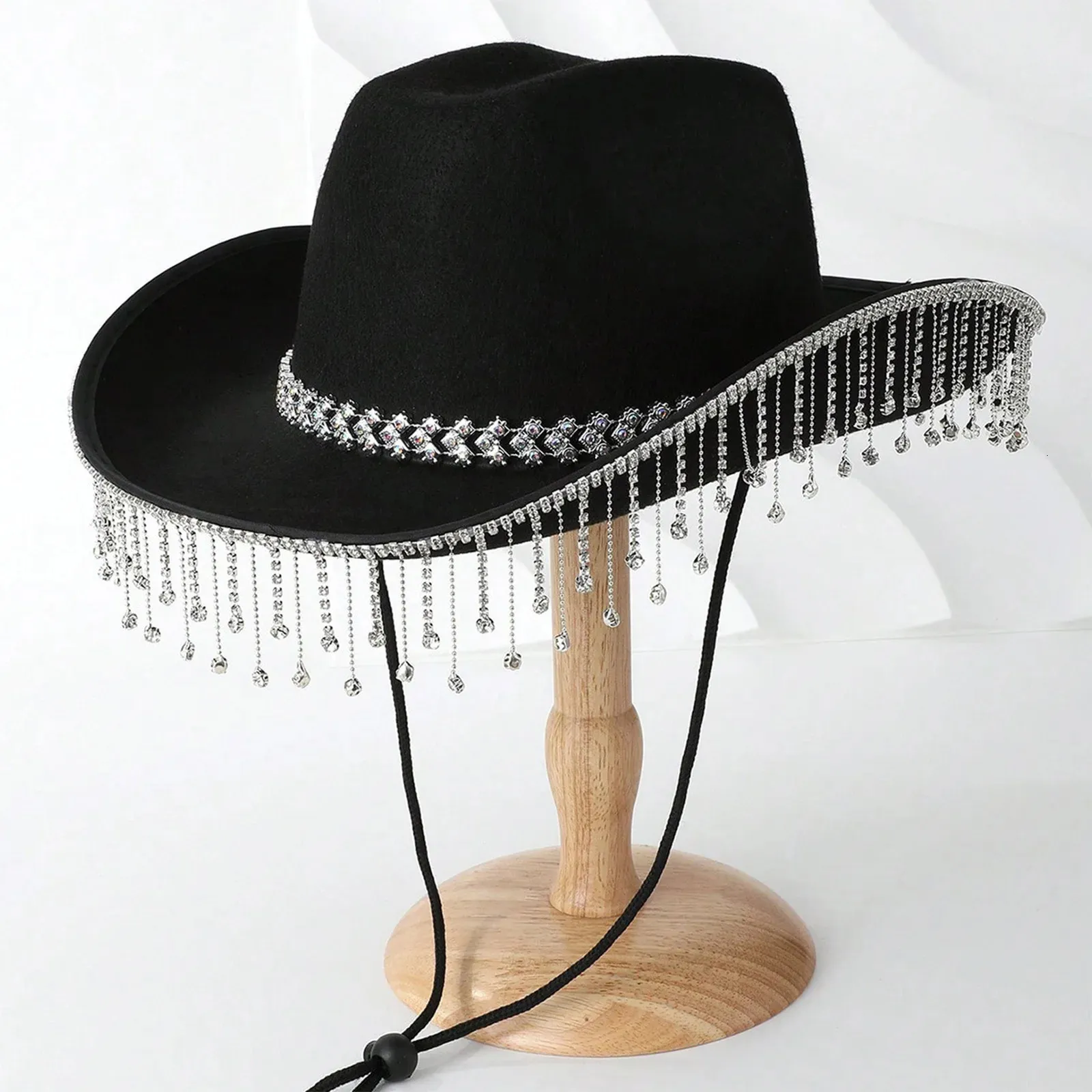 Rhinestone Fringe Cowgirl Hat with Wide Brim, Festival Costume Party 3 Color Cowgirl Hat with Rhinestone Fringe Wide Brim Western  main image 3