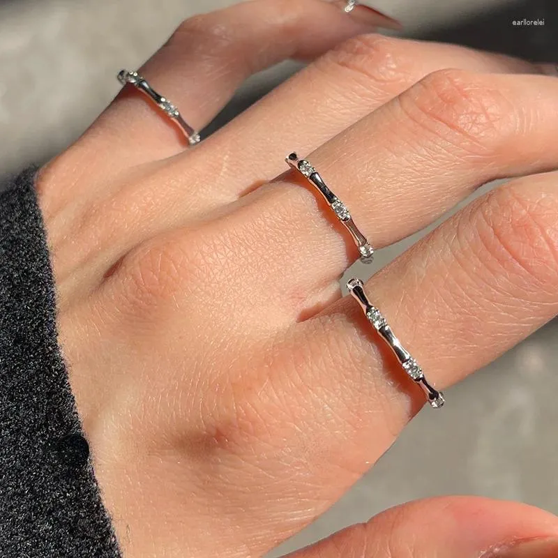 Cluster Rings Japan And South Korea Style Silver Color Splicing Metal  Bamboo Decorative Zircon Ring Women's Low Profile Fashion Jewelry