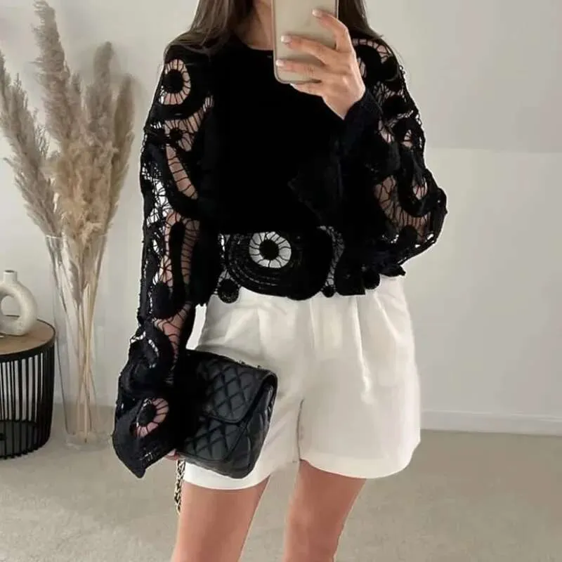 Womens Hollow Out Long Sleeve Blouse Casual Loose Fit Summer Top