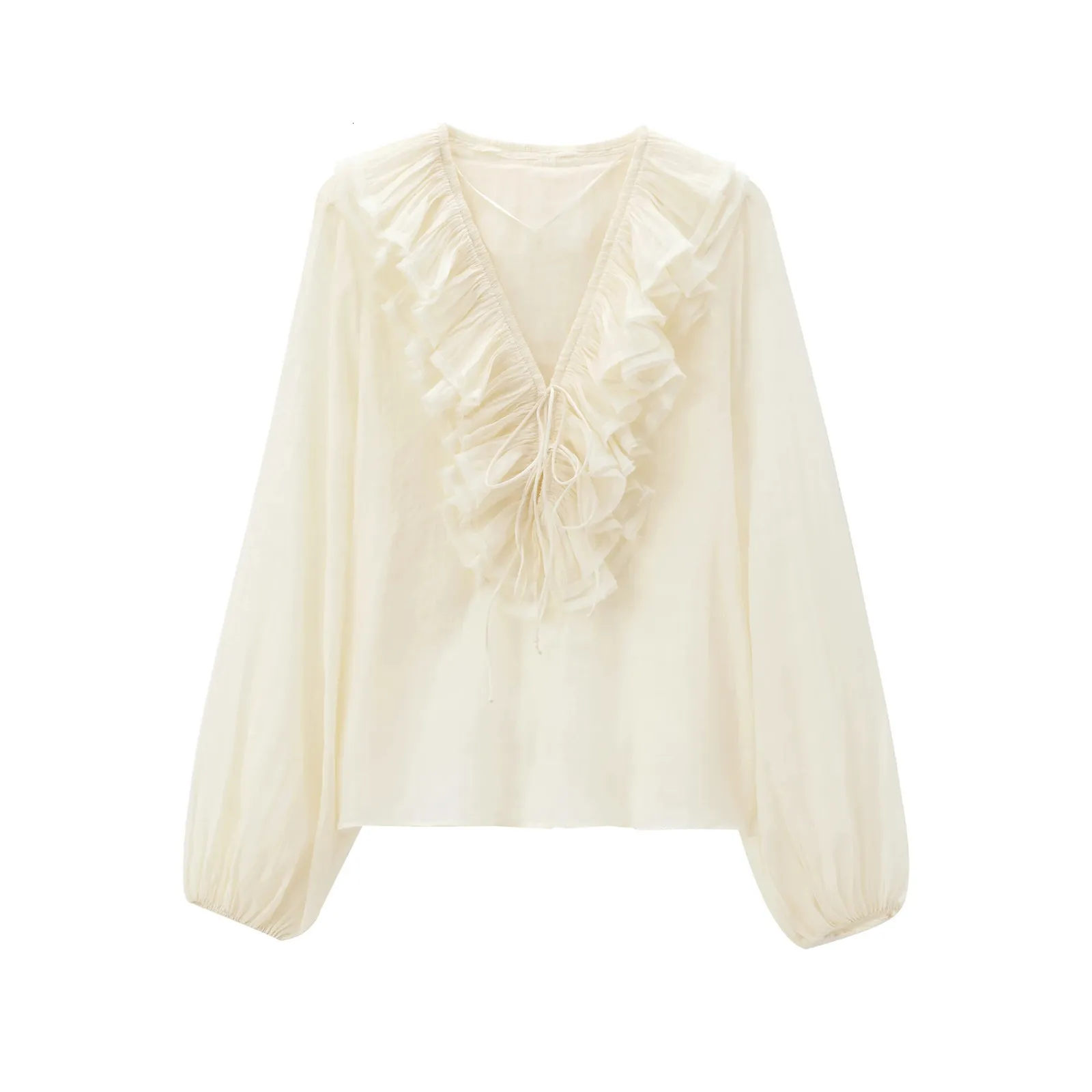 XNWMNZ Women's Fashion Ruffle Blouse Retro V-Neck Adjustable Drawstring ...