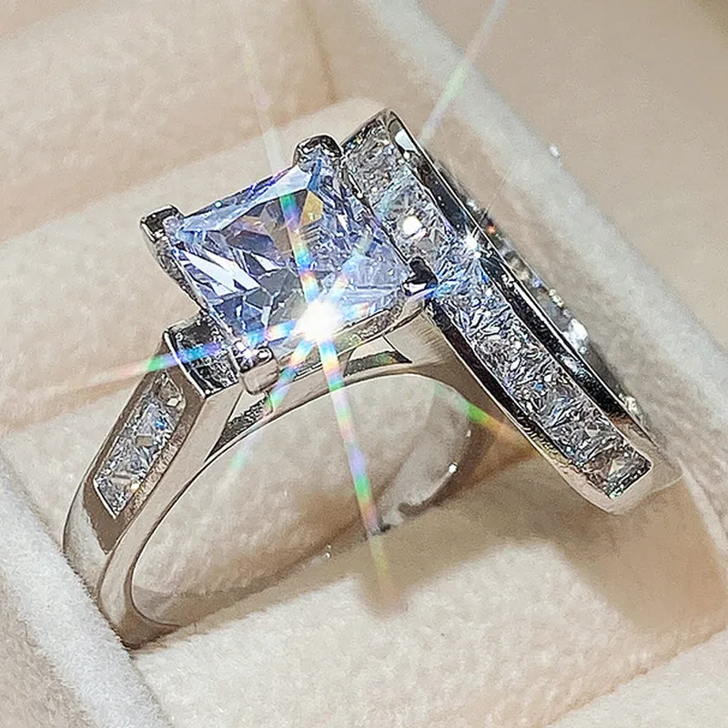 Designer 925 Sterling Silver Crystal Square Solitaire Ring Gold_voghion.com