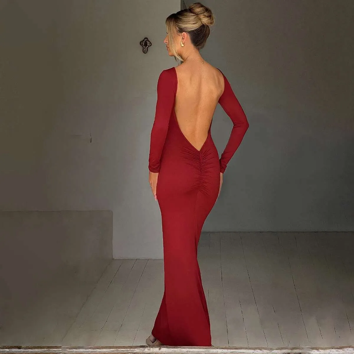 Long Sleeve Backless Ruched Maxi Dress Women Bodycon Floor-Length Sheath  Dress with Cowl Neck for Autumn from Dhgate Urban Sexy Dresses - price 37.18