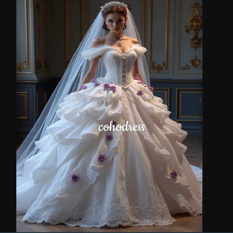 Romantic Victorian Era Wedding Dress Renaissance Off Shoulders Purple  Florals Regal Bridal Gowns Lace Baroque Period Bride Dress Medieval  Aesthetic ...