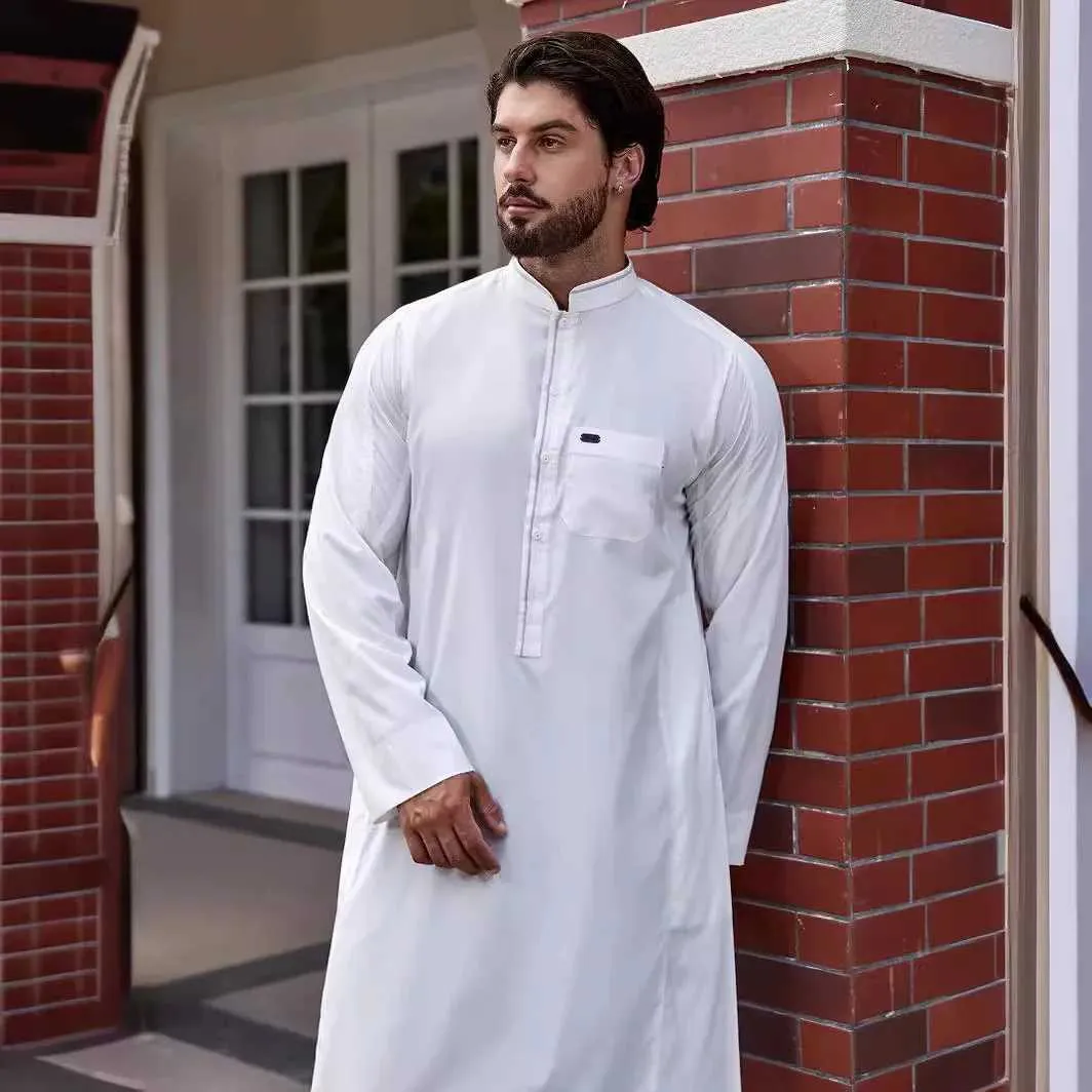 Eid Muslim Men In Robe Spliced Pocket Button Casual Jubba Abaya Arab Dubai Saudi Dishdasha Abaya Islamic Morocco Modest W250310