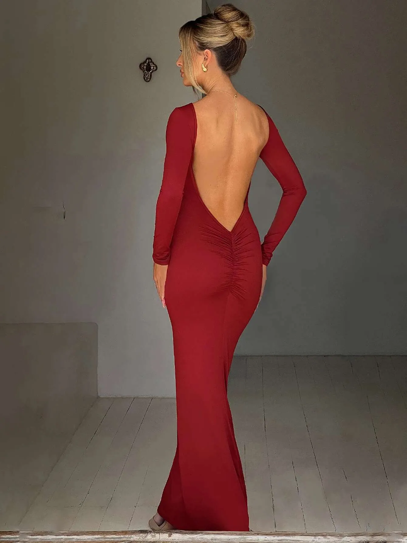 Long Sleeve Backless Ruched Maxi Dress Women Bodycon Floor-Length Sheath  Dress with Cowl Neck for Autumn from Dhgate Urban Sexy Dresses - price 37.18