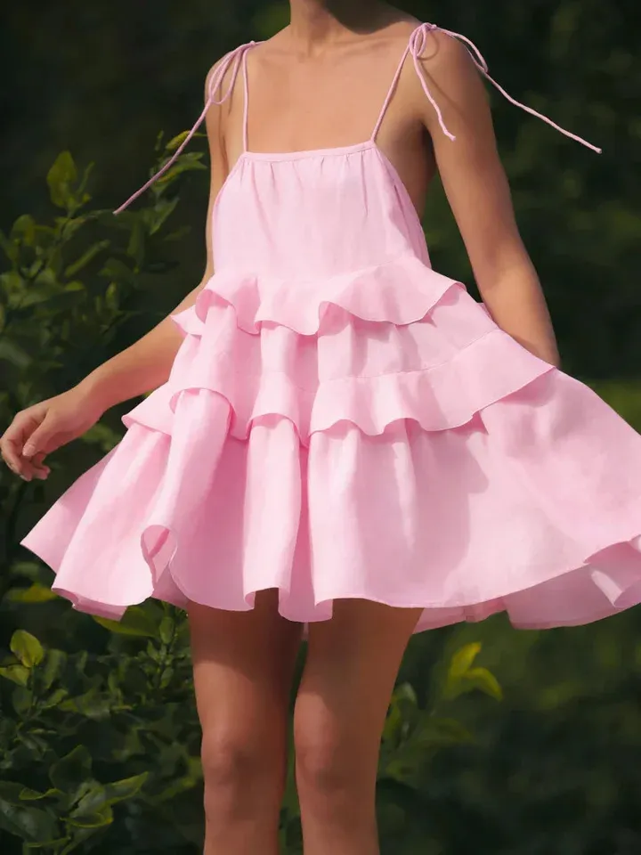 pink short sun dress short pink summer dress Spring Bloom Tied Shoulder Embellished Mini Dress Pink-parroquiadesanalbertomagno.com