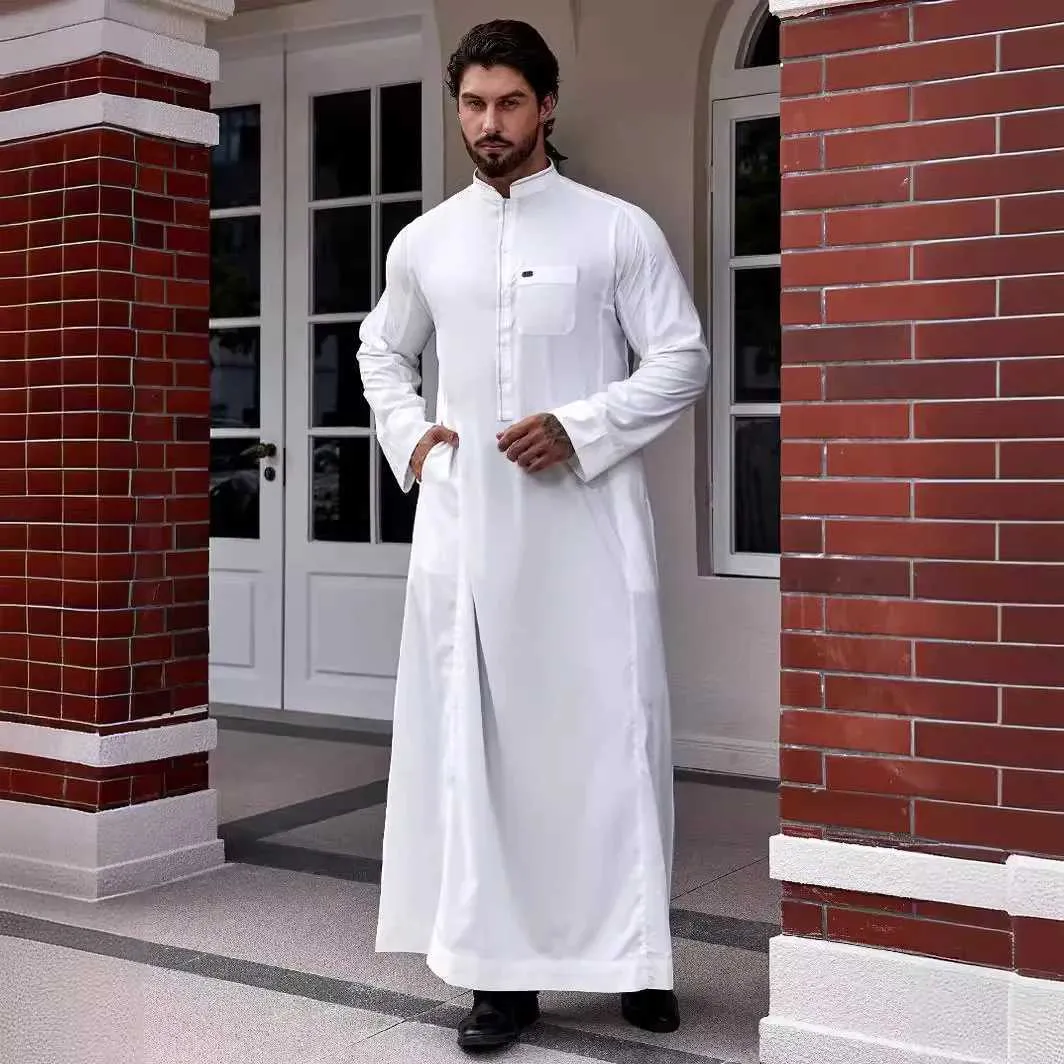 Eid Muslim Men in Robe Spliced Pocket Button Casual Jubba Abaya Arab Dubai Saudi Dishdasha Abaya Islamic Morocco Modest W250310