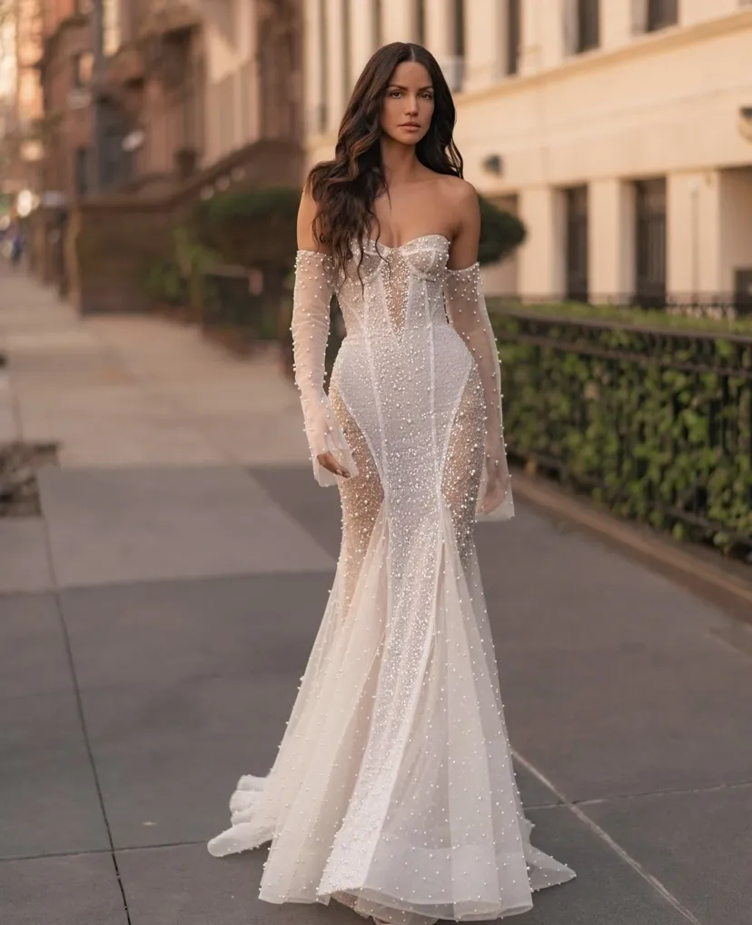 chinese dress ladies Strapless Organza A-Line Wedding Dress with Pearl-Embellished Illusion Long Sleeves
