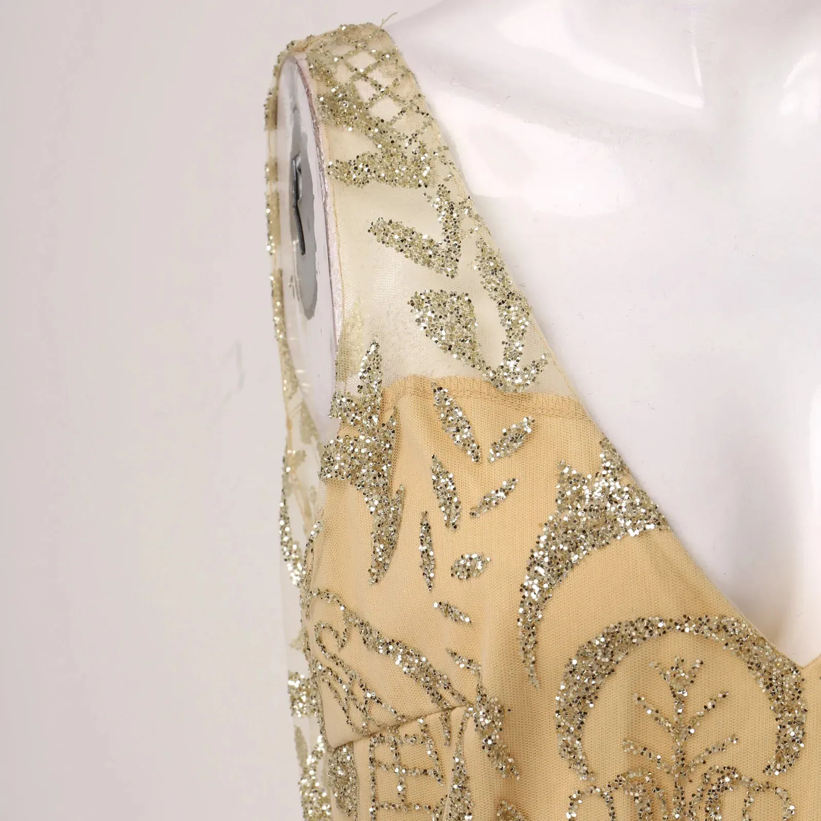 Gold Sequined V-Neck Gold Sequin Evening Gown for Women - Elegant Sleeveless Formal Gown for Prom, Party Wear - Plus Size Available (250310)