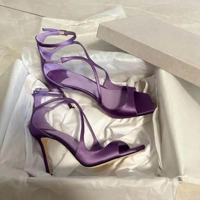 Star Style Purple Satin Women Sandals Sexy Narrow Band Ankle Strap Stiletto High Heels Gladiator Sandalias Summer_voghion.com