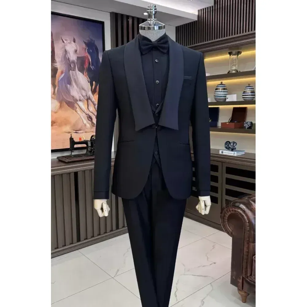 Traje De 3 Piezas De Color Sólido Para Hombre: Esmoquin Con Solapa Chal  Negro, Un Botón, Novio De Boda, Cena, Pantalones Tipo Chaleco Tipo Blazer  De 87,42 € | DHgate, image size:1000x1000