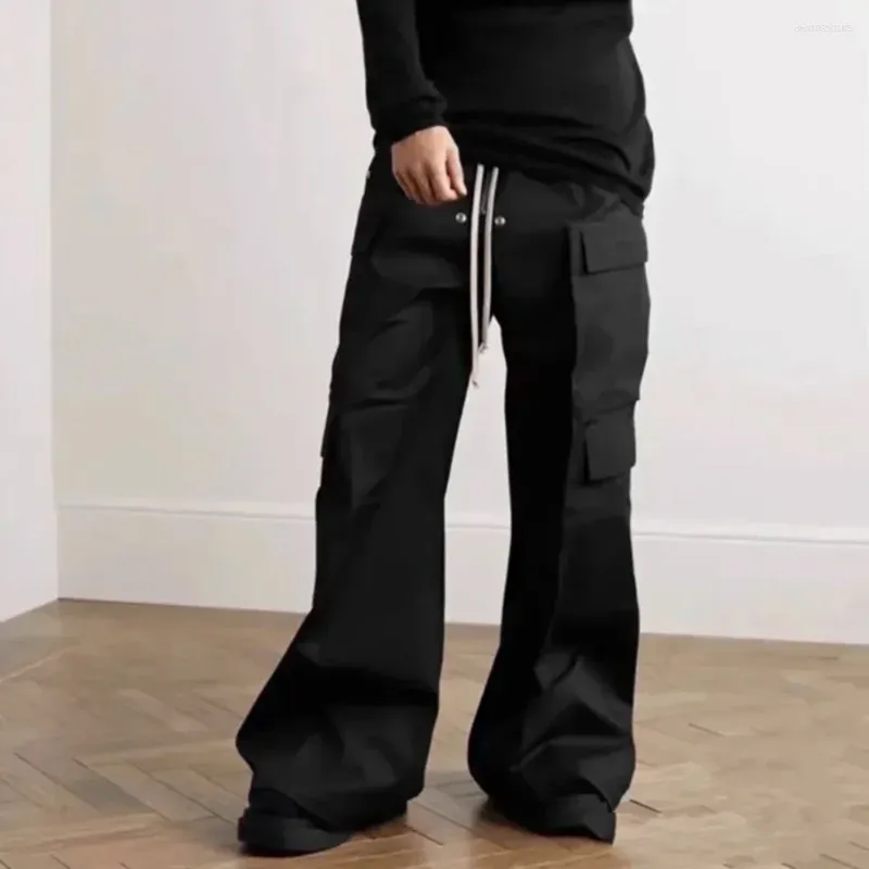 Men's Drawstring Cargo Pants Elastic Waist Loose Fit Wide Leg Black ...