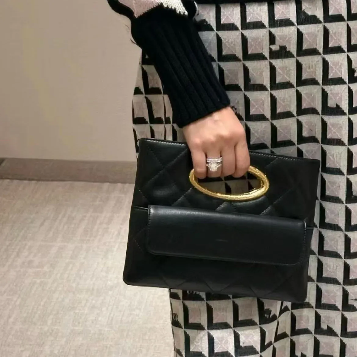 Quilted Leather Crossbody Evening Bag With Gold Chain Ring