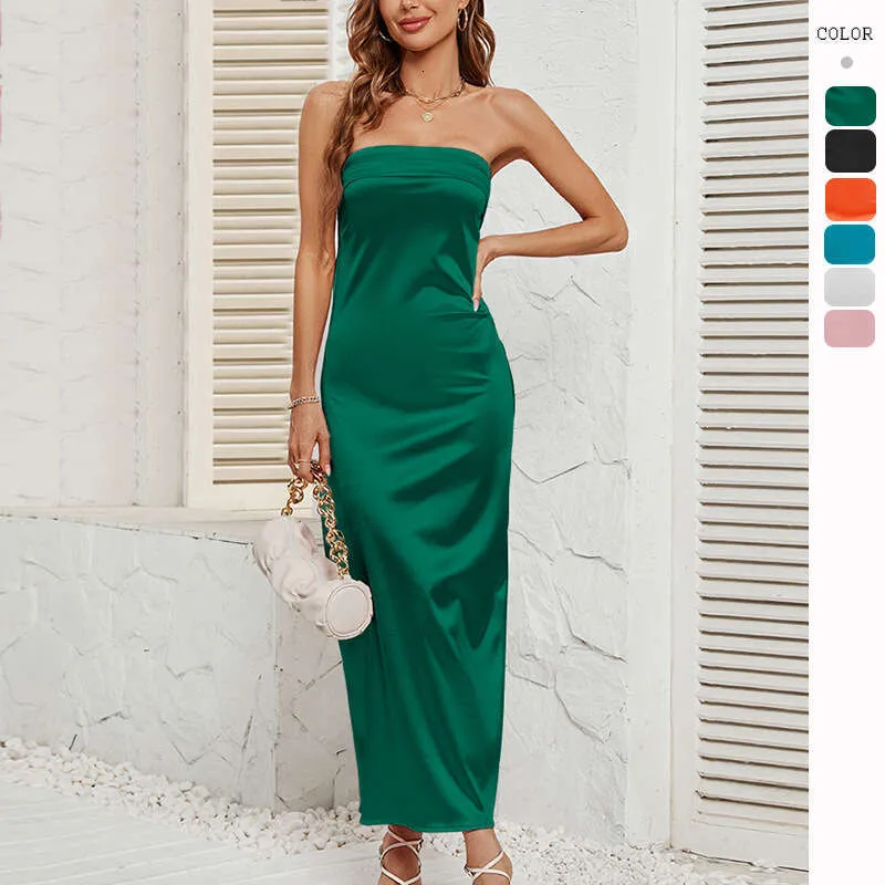 2025 Trend: Versatile Summer Satin Satin Maxi Dress for Women - Solid Color, Elastic Backless, Chest-Wrapped, European & American Style
